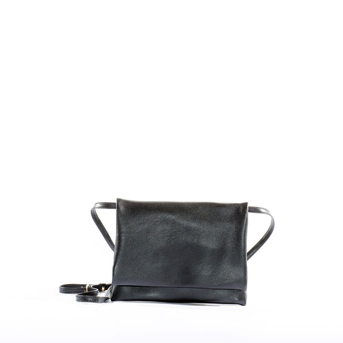 Black lambskin clutch bag with attachable shoulder strap, handmade in Florence. Front view image.