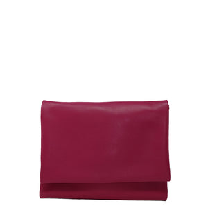 Fuchsia lambskin clutch bag with attachable shoulder strap, handmade in Florence. Front view image.