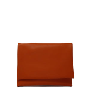 Orange lambskin clutch bag with attachable shoulder strap, handmade in Florence. Front view image.