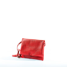 Load image into Gallery viewer, Red lambskin clutch bag with attachable shoulder strap, handmade in Florence. Side view image.
