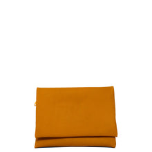 Load image into Gallery viewer, Yellow lambskin clutch bag with attachable shoulder strap, handmade in Florence. Front view image.
